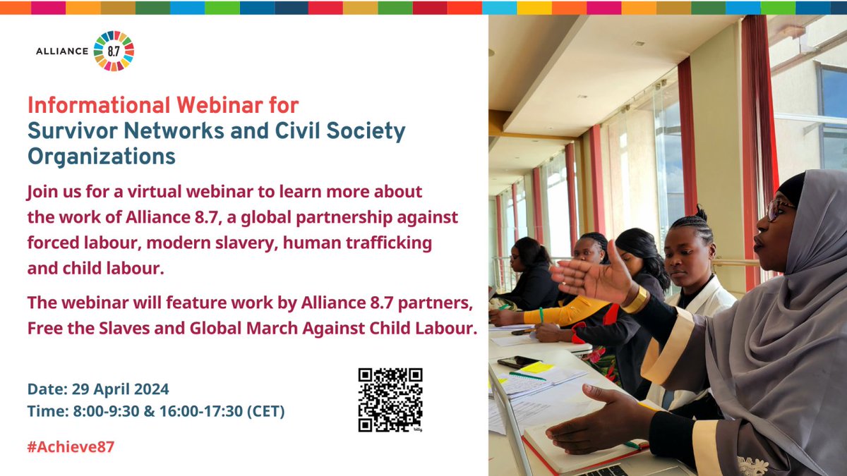 🙏🏼TODAY: Alliance 8.7 Informational Webinar for Survivor Networks and Civil Society Organizations 🗣️The webinar is an opportunity to learn about the work of Alliance 8.7 and how they might engage with the Alliance Pathfinder Countries. 📚For details see: alliance87.org/events/allianc…