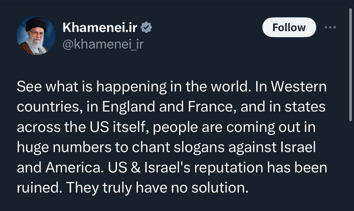 We've been saying this for years. One tweet from the Iranian tyrant says it all. This isn't about Israel, Gaza, or the Palestinians—it's about Iran using the Palestinian narrative to distract the West while spreading radical Islamist ideologies in our countries. Appreciating