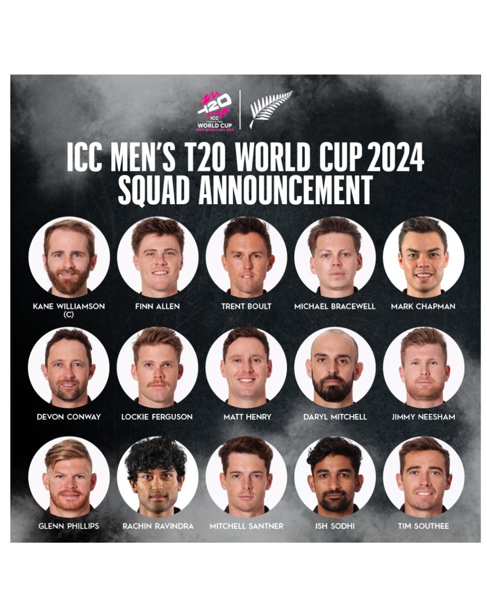 New Zealand squad for the T20 World Cup 2024 this is a very strong squad mix of young and experience players.   With Kane Williamson captaining the team. Of 
Black caps #T20WorldCup2024
#NewZealandcricket. #T20WC2024 #T20WorldCup2024