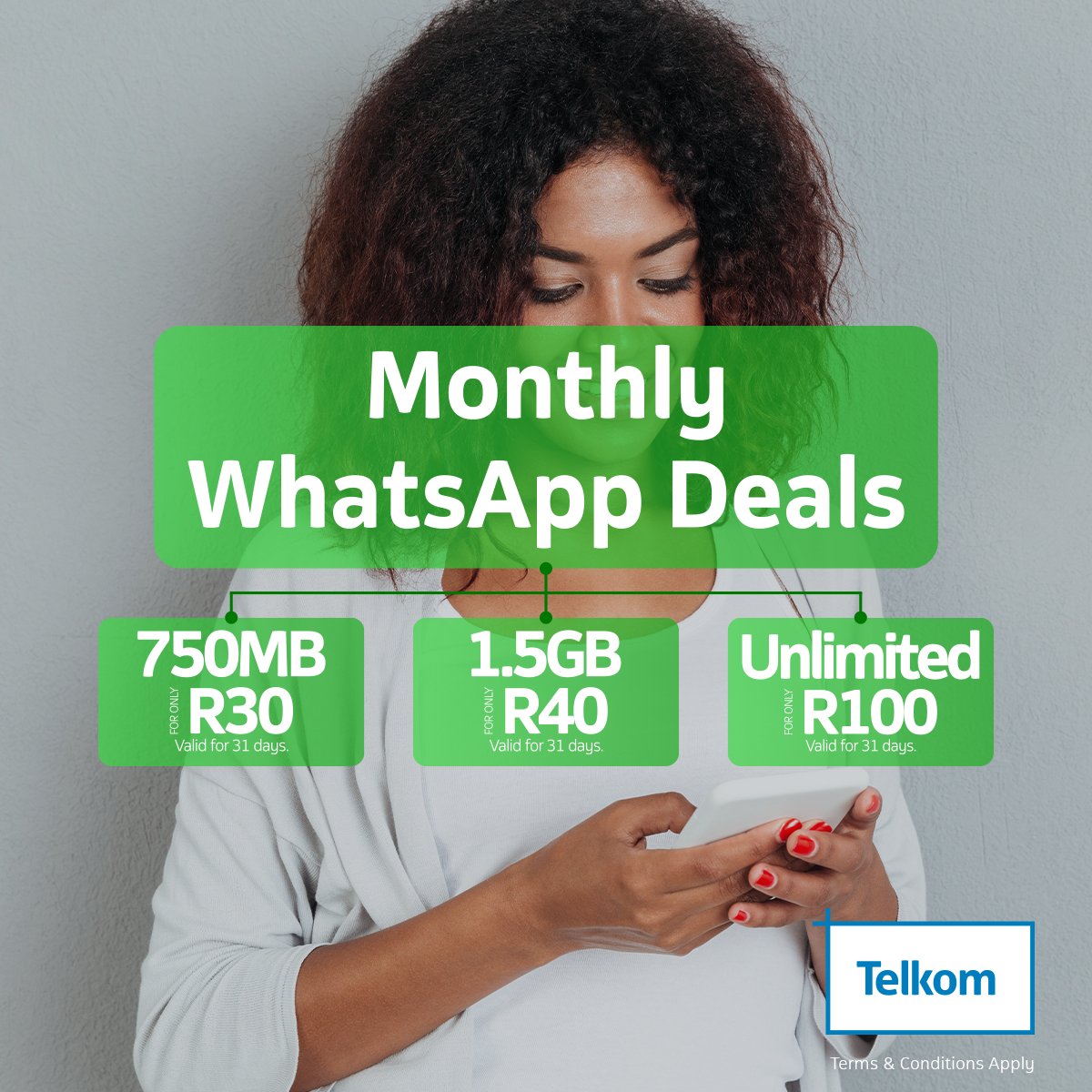 Get a monthly WhatsApp plan from as little as R30. Dial *180# o ruse MyTelkomApp to get yours. #TelkomWhatsAppBundles.