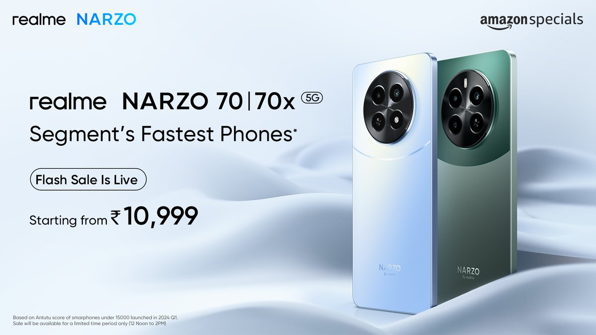 Unleash the power of speed with the realme NARZO 70 series 5G!

Flash Sale Is Live!

Buy realme NARZO 70 5G at ₹14,999 inclusive of 1K coupon + 6 months EMI.
Buy realme NARZO 70x 5G at ₹10,999 inclusive of a 1K coupon.

*T&C Apply.

Know More On @amazonIN 
#realmeNARZO705G: