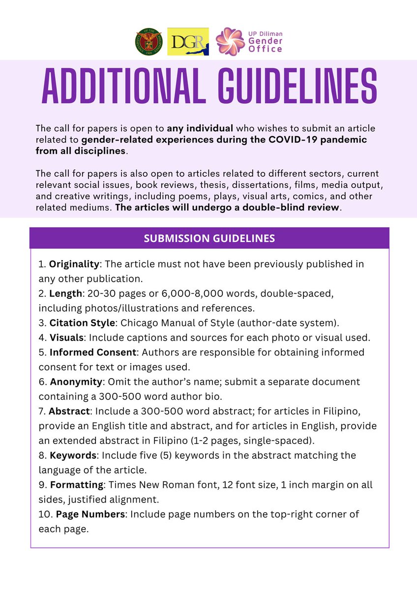 The UP Diliman Gender Office has extended the deadline for submission of articles for the special issue of the 'Diliman Gender Review' until May 31. Submit articles to genderreview.updiliman@up.edu.ph. Know more about the submission guidelines at bit.ly/DGRSubmissionG….