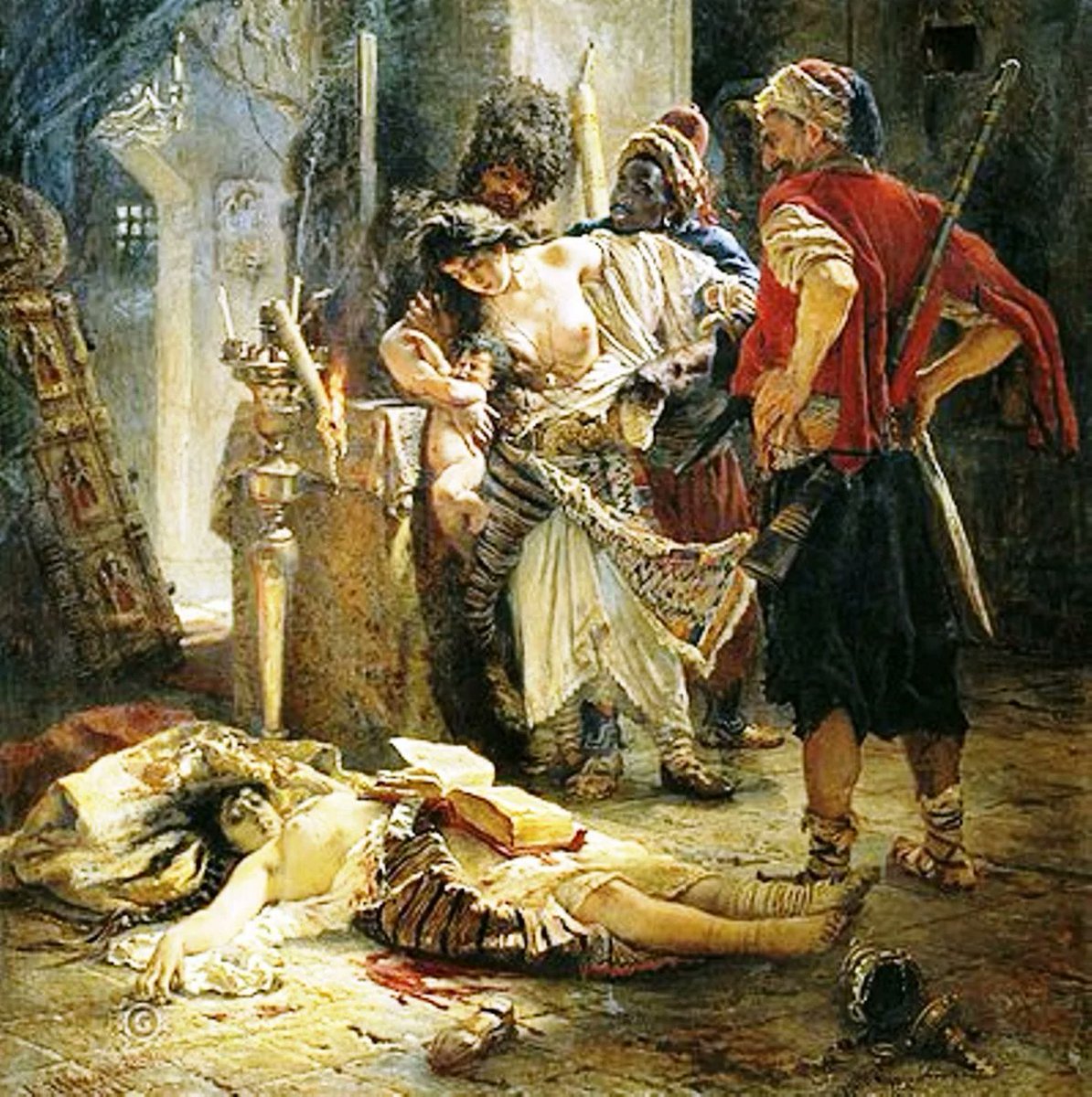 “The Bulgarian Martyresses,” by Konstantin Makovsky, 1877.  It depicts events from a year earlier when Ottoman irregular soldiers (the so-called bashi-bazouks or “crazy heads”) raped and massacred the Christian women of Bulgaria and their children.  

American journalist…