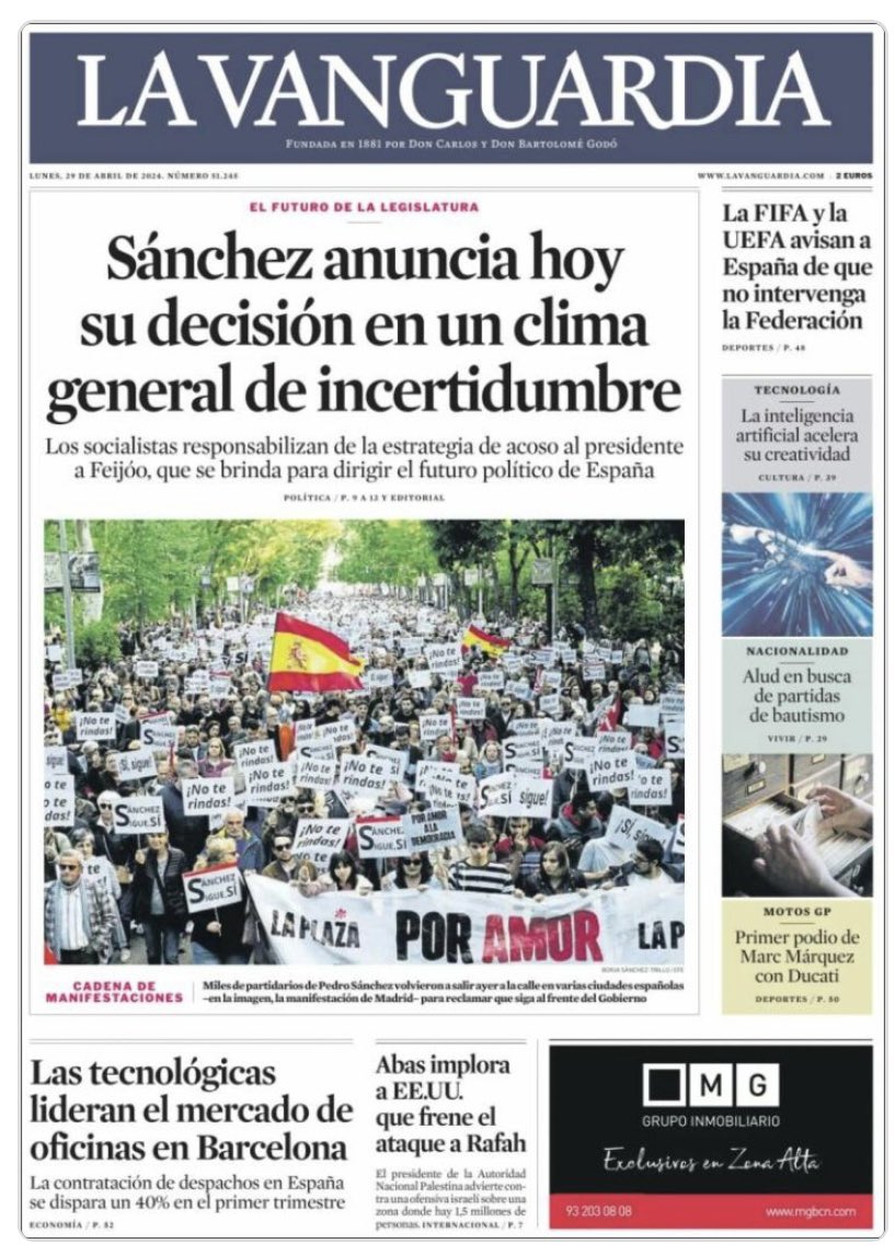 🇪🇸 CRISIS EN ESPAÑA 🇪🇸 🇪🇸 | AHORA: Madrid: 08:00 hrs - 29/04/23. La decisión de Pedro Sánchez, sobre si dimitir o no, continúa siendo una incógnita.