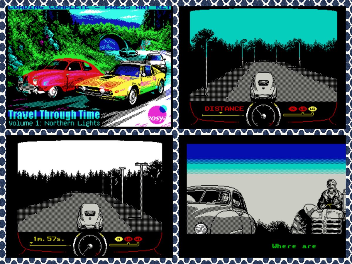 OldSchoolBooks1's tweet photo. Today's modern #retrogaming on the #ZXSpectrum Travel Through Time Vol.1: #NorthernLights from the genius of #ZOSYA entertainment. A driving game that is very special. You will forget you are playing on 128K . I really like the rounded screen effect on here as well. https://t.co/sZftJyVj5C