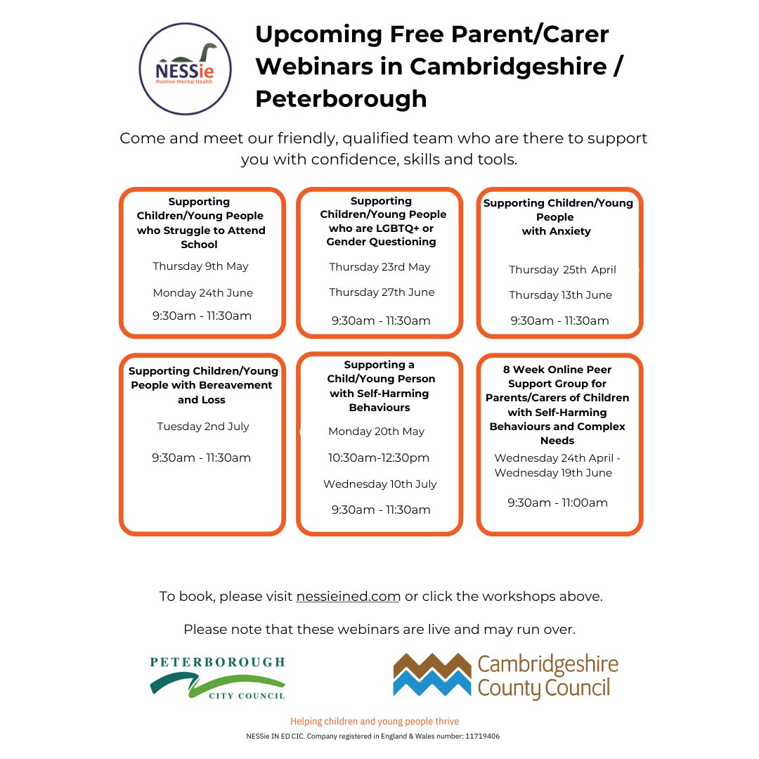 Our friends over at NESSie have released details of their upcoming free parent/carer webinars for Cambridgeshire and Peterborough. NESSie do wonderful work - please check them out if you need support with your child or young person's mental health. #NESSie #MentalHealth