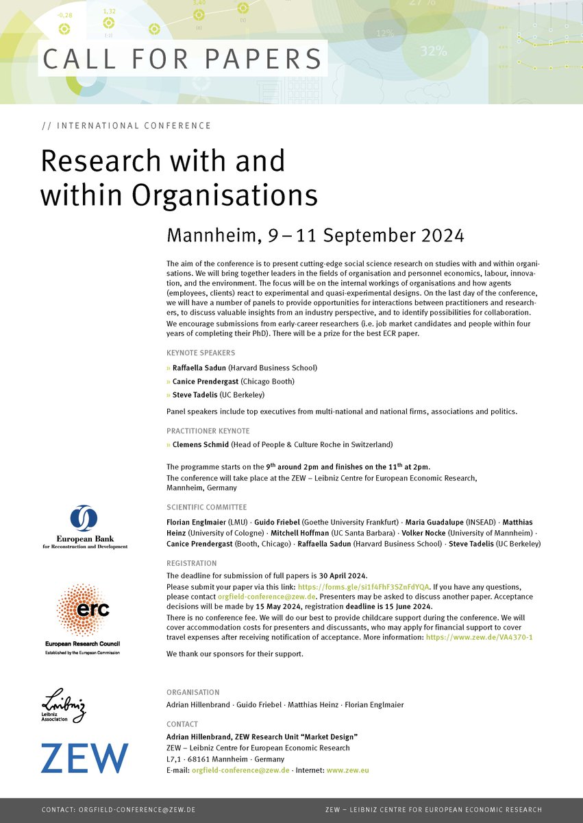 📣 #CallforPapers: #Marktdesign-Konferenz „Research with and within Organisations“ vom 9.-11.9.2024 am #ZEW Mannheim mit @raffasadun, Canice Prendergast @ChicagoBooth, @steve_tadelis & Clemens Schmid @Roche_de. 🗓️ Einreichungsfrist: 30. April 2024 Infos: zew.de/VA4370-1/?twt=1