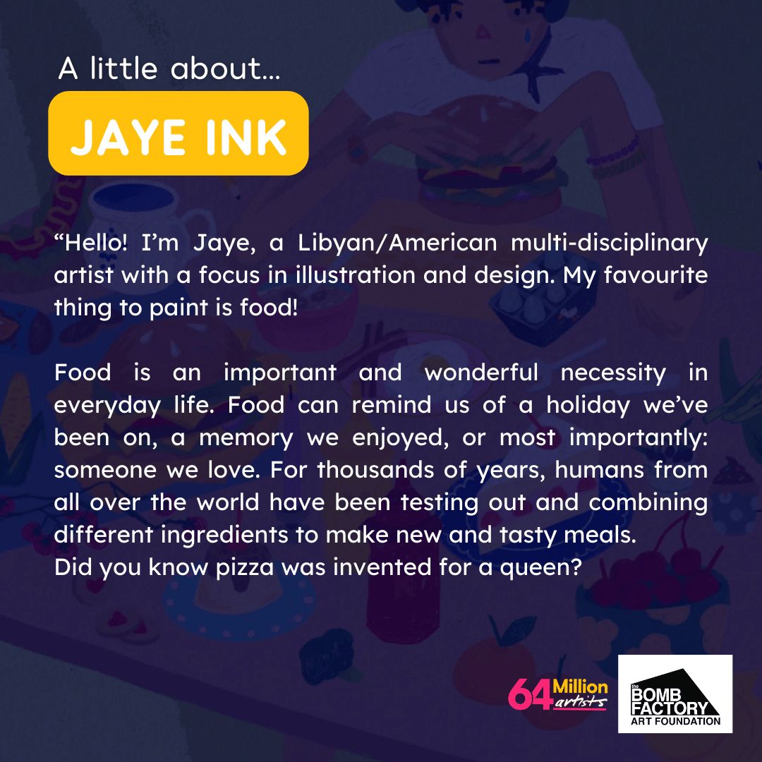 64M_Artists's tweet image. 🎨✨ Love food &amp;amp; creativity? 🍔🍕 Dive into our special prompt by Jaye, an amazing Libyan/American artist passionate about food illustration! 🎨 Reflect on your fave dish, snap &amp;amp; share (no cooking needed!). Tag #CreativePrompt &amp;amp; let's celebrate together! 📸🍽️ #EverydayCreativity