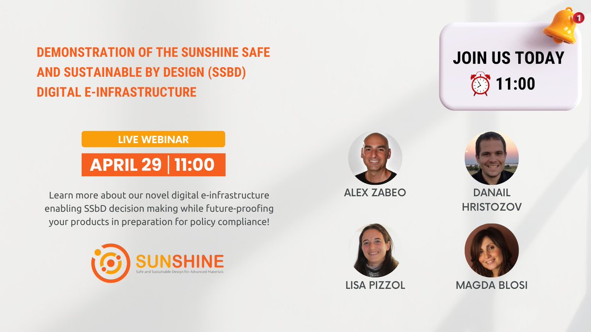 ❕REMINDER❕ Join us today at 11:00 (CEST) for our #webinar about the SUNSHINE Safe and Sustainable by Design (#SSbD) e-infrastructure.🚀 🔗For more information about the webinar: h2020sunshine.eu/upcoming-event…