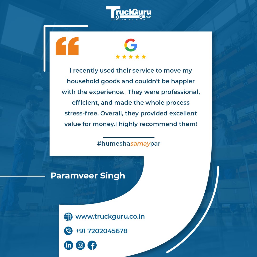 Paramveer Singh praised our exceptional service for making his household goods move stress-free. His recommendation is greatly valued, and we eagerly anticipate serving him again.

#customersatisfaction #customerfeedback #customerreview #customerservice #happyclients