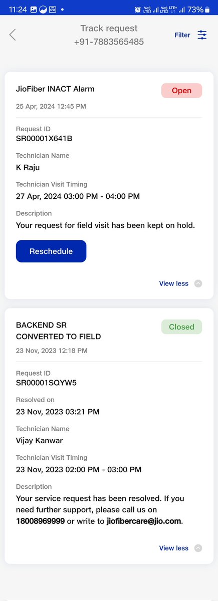 deepakkkpatel's tweet photo. I trusted jio fiber a lot but from past 6 days my jio fiber is not working and raised 2 request but no one is picking call.... very poor service by @reliancejio @JioCare My office work has been stopped from past 6 days. sadden to say that but I think I need to switch. https://t.co/4aKkBCanFA