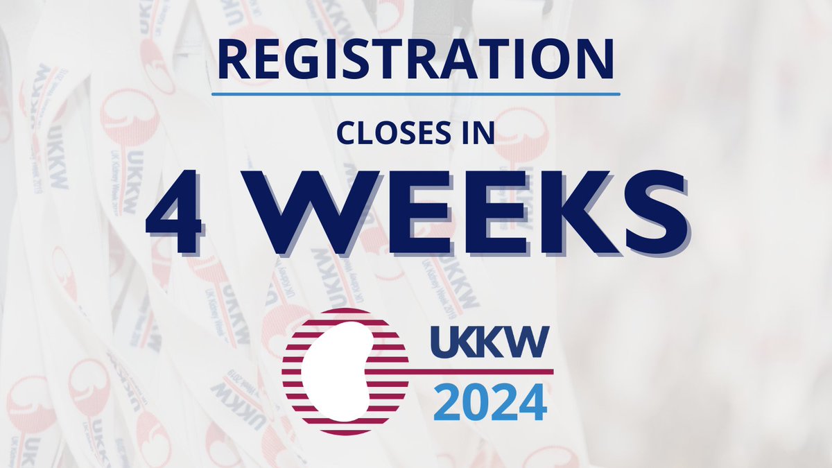 Only 4 weeks left to register for the UKs largest conference for kidney professionals.⏳ 🗣️ 65+ sessions 📃 430+ posters 👥 60 exhibitors 🥂 Welcome reception 🍽️ Conference dinner +more Don't miss out - book your place now at UK Kidney Week #UKKW2024 🎟️ bit.ly/3vTo8gh