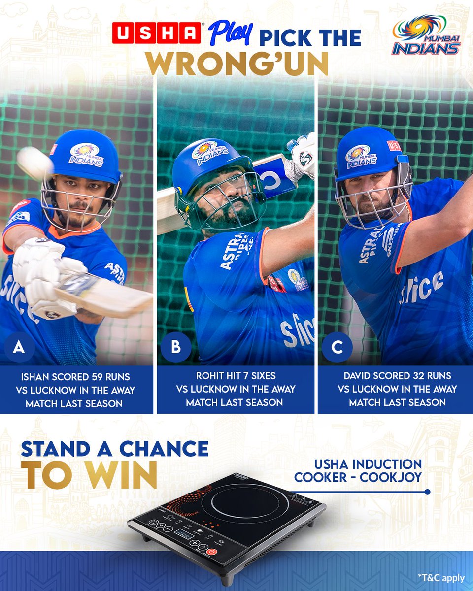 Pick the Wrong'Un and win BIG! 🎁 Answer with the incorrect stat & stand a chance to win @UshaPlay Induction Cooker - Cookjoy ♨️ Read the T&C here! 👉 bit.ly/USHAContest #MumbaiMeriJaan #MumbaiIndians