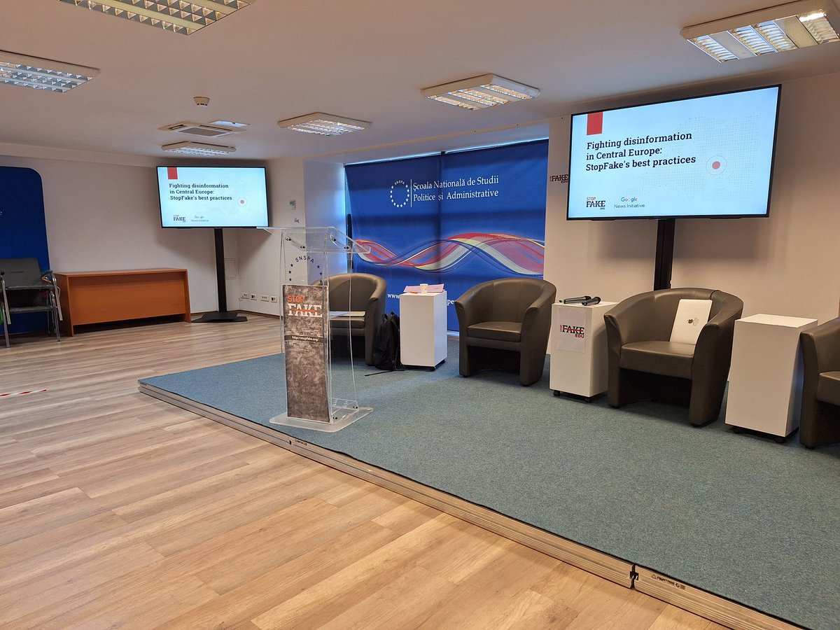 StopFake_EDU's tweet photo. The third event of our touring workshop/seminars, supported by @GoogleNewsInit, is taking place this morning in #Romania.

We are at @SNSPA_oficial in #Bucharest, looking forward to sharing techniques and tips to fight fake news.
@StopFakingNews https://t.co/XuahRYZlZL