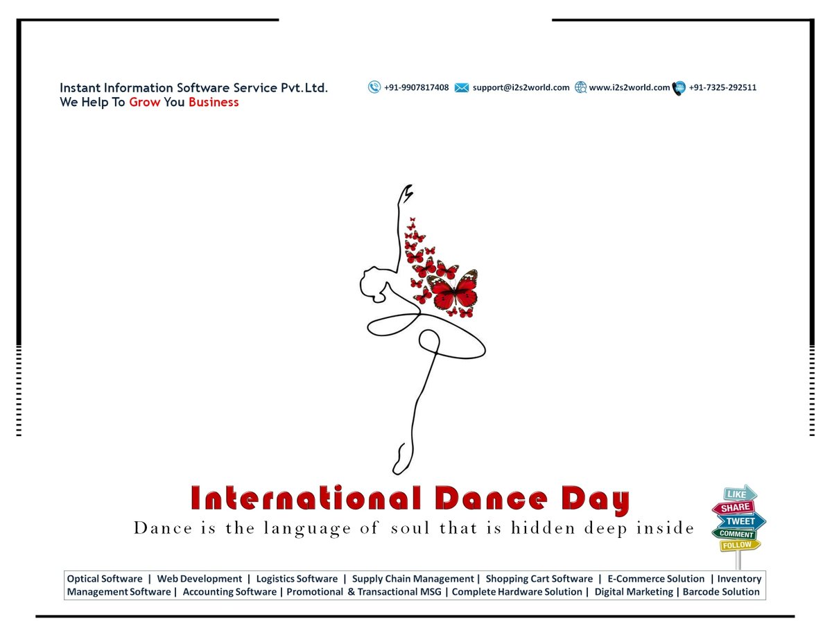 Let’s promote the diversity & beauty of dance as an art form! 💃
#InternationalDanceDay
#DanceisLife
#विश्व_नृत्य_दिवस
#अंतरराष्ट्रीय_नृत्य_दिवस
#Optical_software
#Opticalsoftware
#i2s2
#Optocare
#9907817408
#AaharStore
#Web_Development
#ITSolutionExperts

i2s2world.com