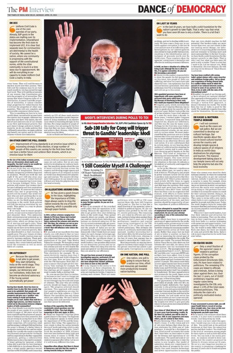 Read the interview of Hon'ble Prime Minister Shri @narendramodi ji where he articulately spoke on various issues ranging from present political scenario to his vision of #ViksitBharat etc. @timesofindia