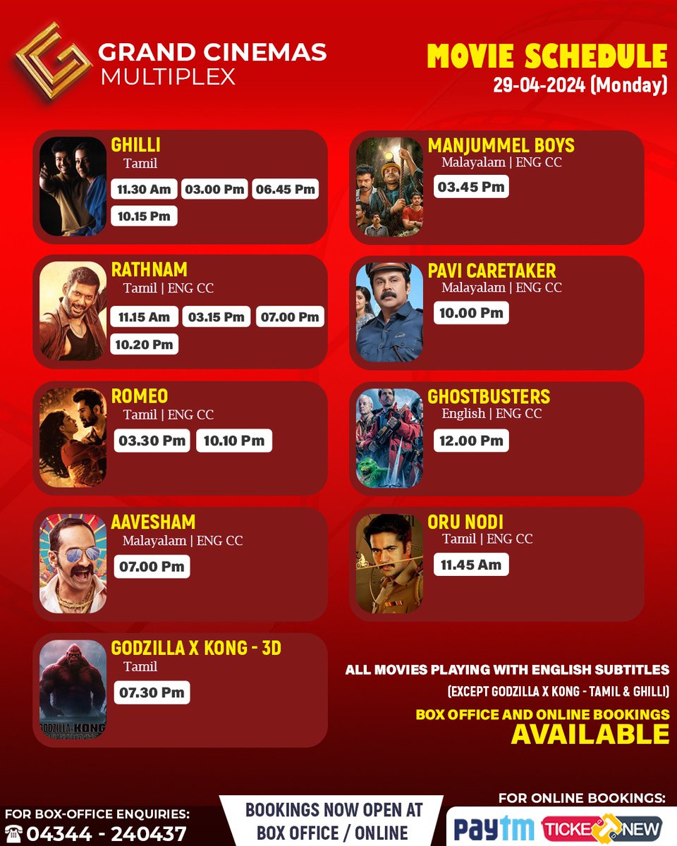 cinemas_grand's tweet photo. 29.4.24[Monday] Schedule. #grandcinemashosur #hosur #anekal #bannerghatta #jigani #attibele #chandapura #bommasandra #southbangalore #sarjapura #thally #kelamangalam #denkanikottai #mathigiri https://t.co/OSPlhPO0bC