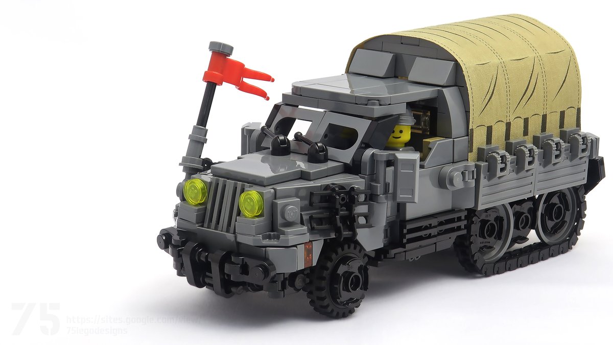 兵員輸送用ハーフトラック ／ troops transport Half-Track 前輪はタイヤ､後輪はクローラーの半装軌車です｡荷台のほろは2008年発売のインディ･ジョーンズのセットに付属していたクロスパーツを使用｡前席に2フィグ､荷台に4フィグ搭乗可能｡ #レゴ #LEGO #ミリレゴ