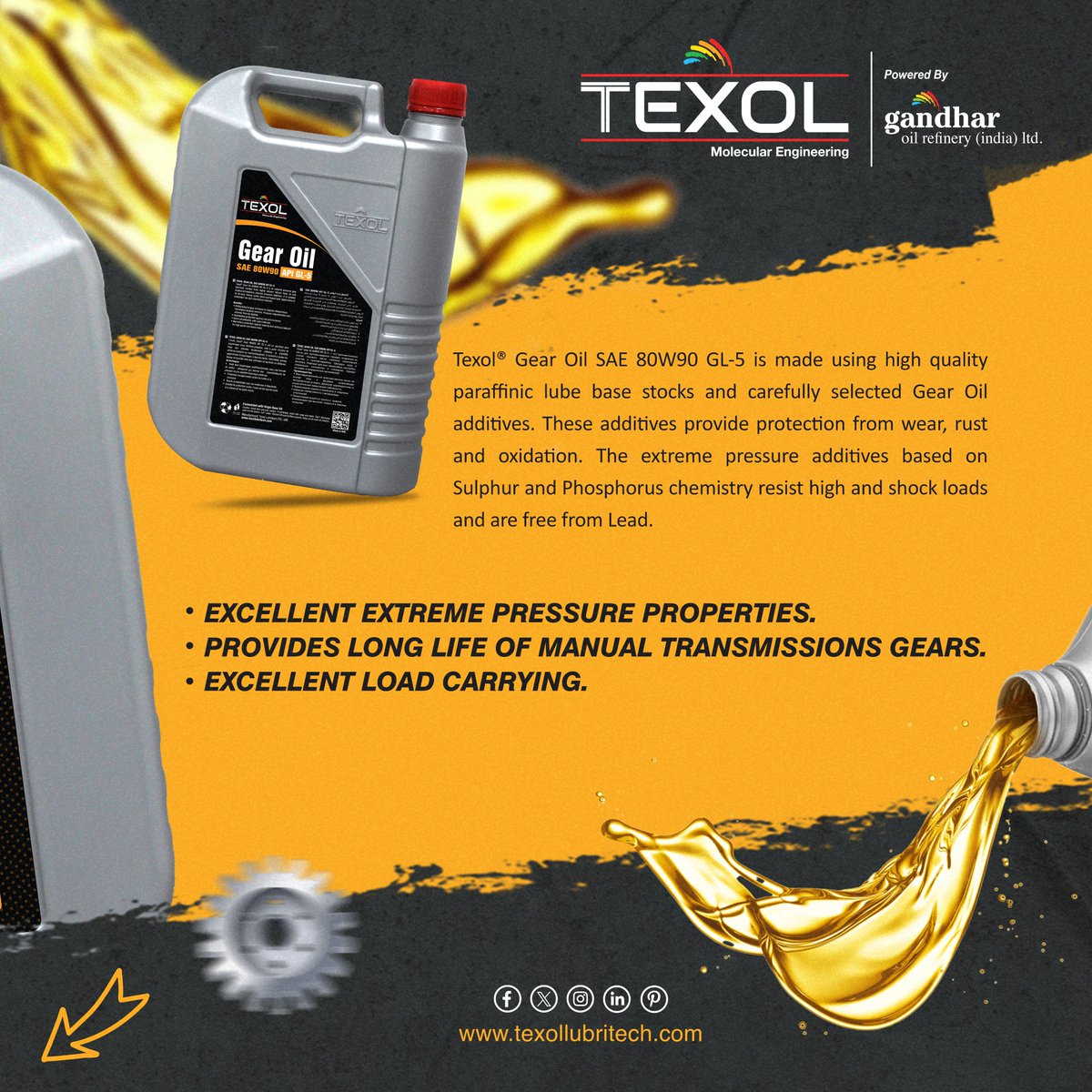 Smooth shifts, robust performance - Elevate your driving experience with Texol Gear Oil 80W90 API GL5.

Choose #texol ..Follow us on to know more.

#gear #oil #automotive #car #truck #industrial