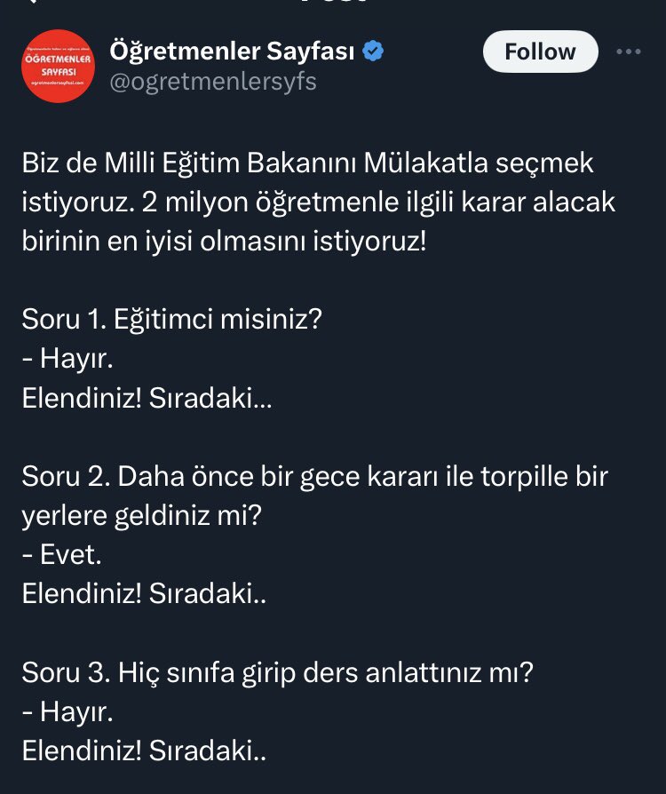 Öyle ya öğretmeni ille de mülakata alacağım diyen bakana eğitimci misin diye sorarlar. #mulakatahayir