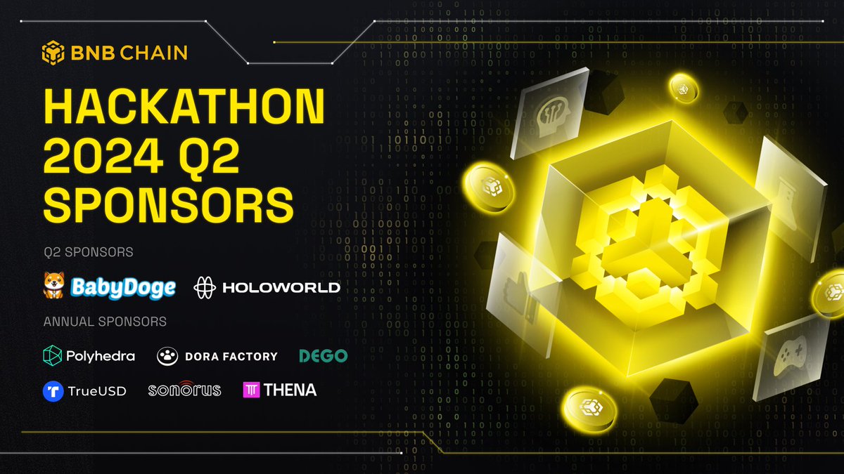 BNBCHAIN's tweet photo. 🚀 Let's innovate together! Join #BNBChainHackathon 2024 Q2 "One BNB – Coding the Future" https://t.co/WfXXm6yoaO

Thanks to our annual sponsors: @PolyhedraZK, @DoraFactory, @dego_finance, @tusdio, @SonorusOfficial, and @ThenaFi_. 
Welcome to our Q2 sponsors: @babydoge and @HoloworldAI.