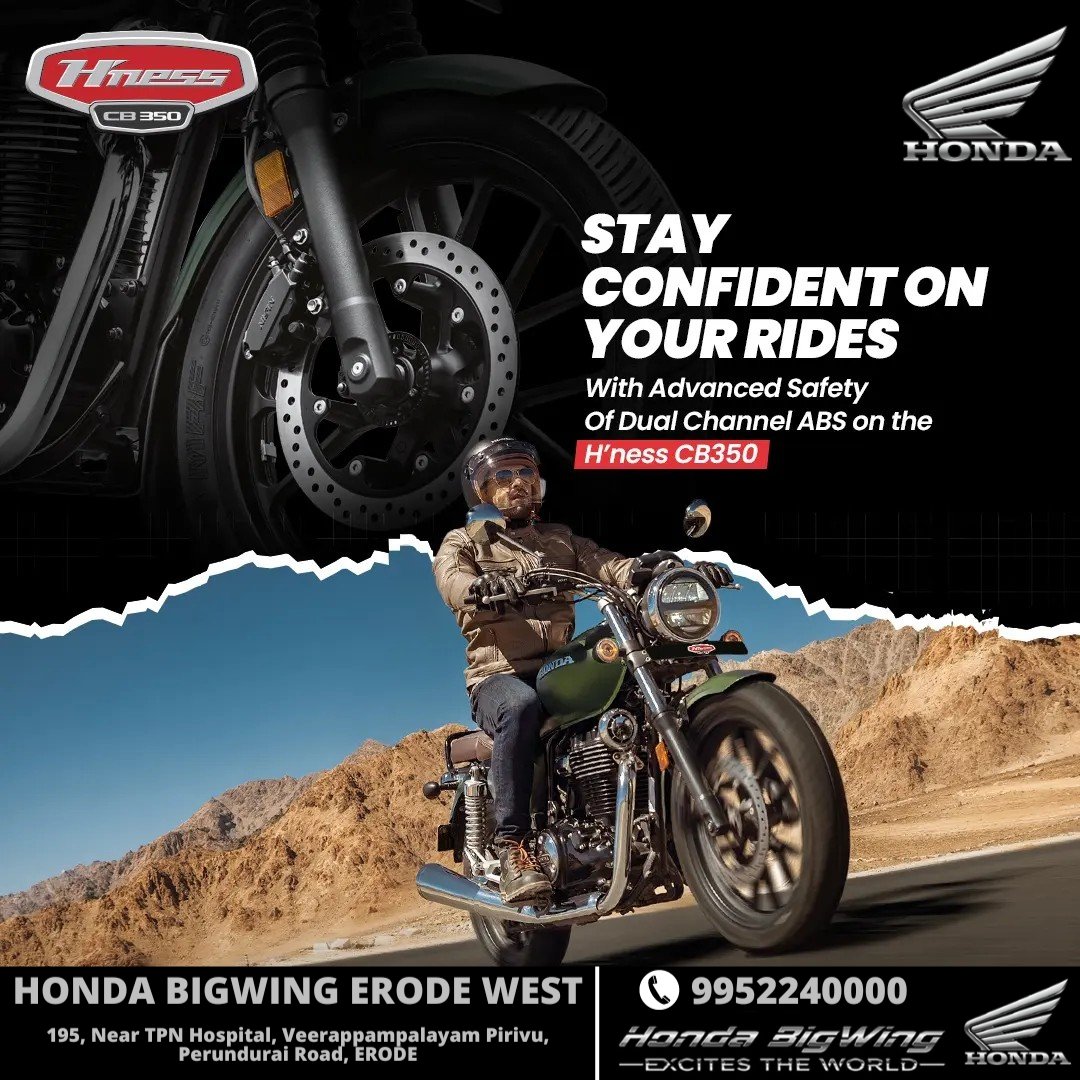 hondabigwinged's tweet image. Enjoy peace of mind on every ride, with the Dual Channel ABS on the #HnessCB350.

#HondaBigwing #yourhighness #ExcitesTheWorld #BigBikes #BigWingIndia 

For more details, Visit your nearest @ Honda Bigwing, Erode West. Call - Sales: 99522 40000 | Service: 99522 60000.