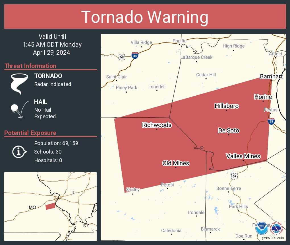 Tornado Warning including De Soto MO, Barnhart MO and Hillsboro MO until 1:45 AM CDT