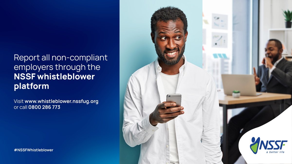 Speak up, secure your future! Report non-compliant employers anonymously and ensure your social security is safeguarded with NSSF Uganda. Visit whistleblower.nssfug.org to get started. #NSSFWhistleblower