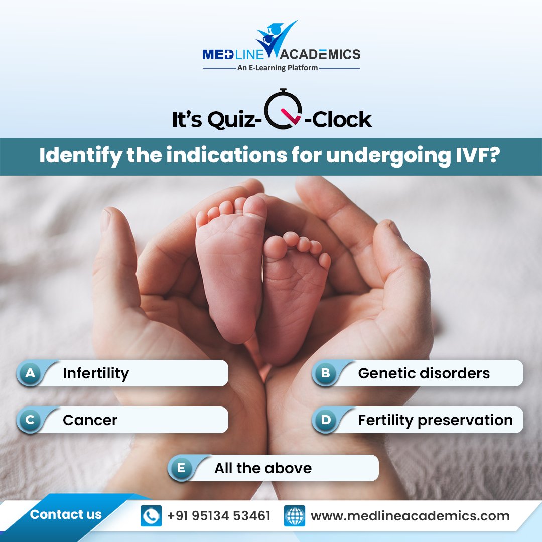 Can you identify the indications for undergoing IVF? Drop your answer in the comments.

To know more about our courses, visit medlineacademics.com

#IVF #QuizonIVF #Infertility #Geneticdisorders #assistedreproductivetechnologies #Fertilitypreservation #MedlineAcademics