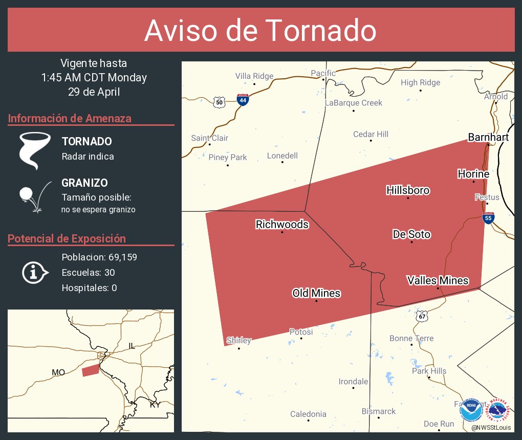 Aviso de Tornado incluye De Soto MO, Barnhart MO, Hillsboro MO hasta la 1:45 AM CDT