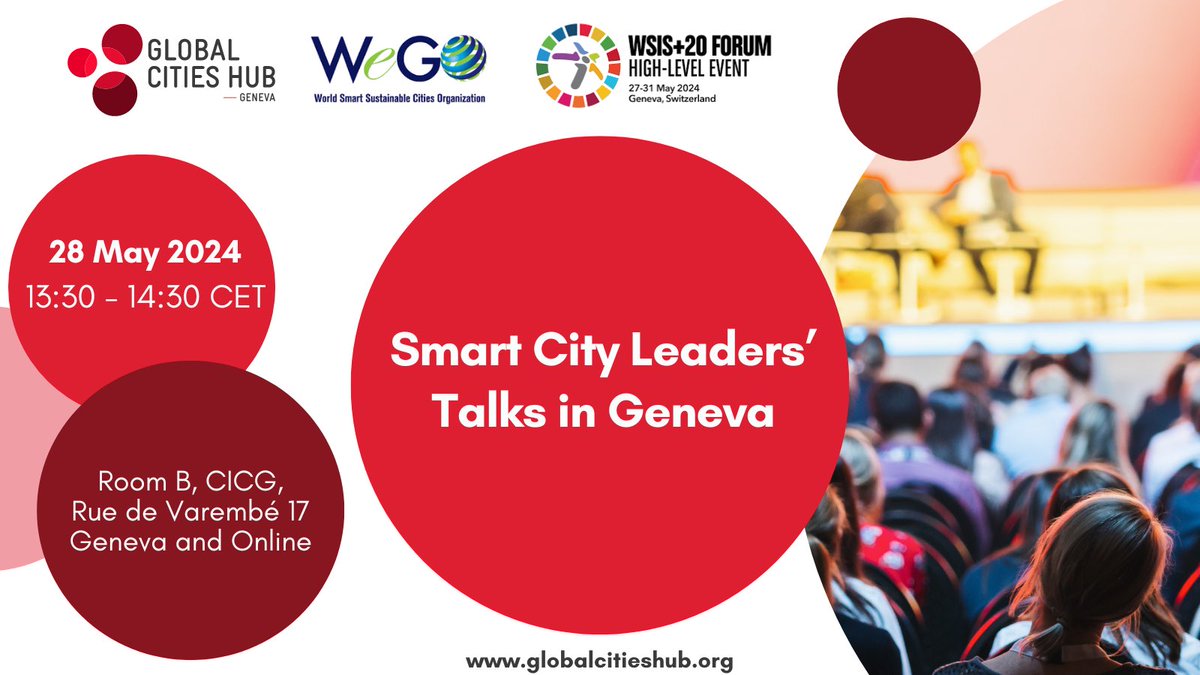 🗓️ Join us on 28 May for the #SmartCity Leaders Talks in Geneva organized with @WeGovOrg, during the ITU #WSIS High-level events. Don't miss the discussions with leaders of int organizations, mayors & city networks representatives. ➡️ Register now: encr.pw/fxBYq