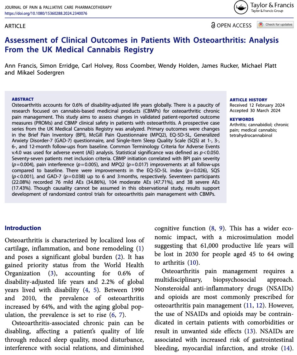 According to @VersusArthritis 10 million people in the UK are affected by #osteoarthritis Our latest study reports the findings from the UK Medical Cannabis Registry in individuals affected by chronic pain due to osteoarthritis. 📊🔗 tandfonline.com/doi/full/10.10…