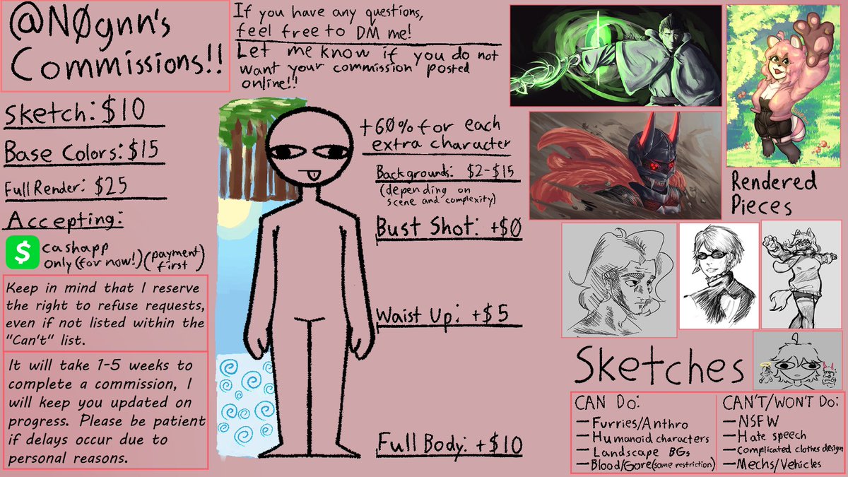 Alright I'm opening commissions for the first time!! Please note that prices are subject to change. Here's my commissions sheet:
