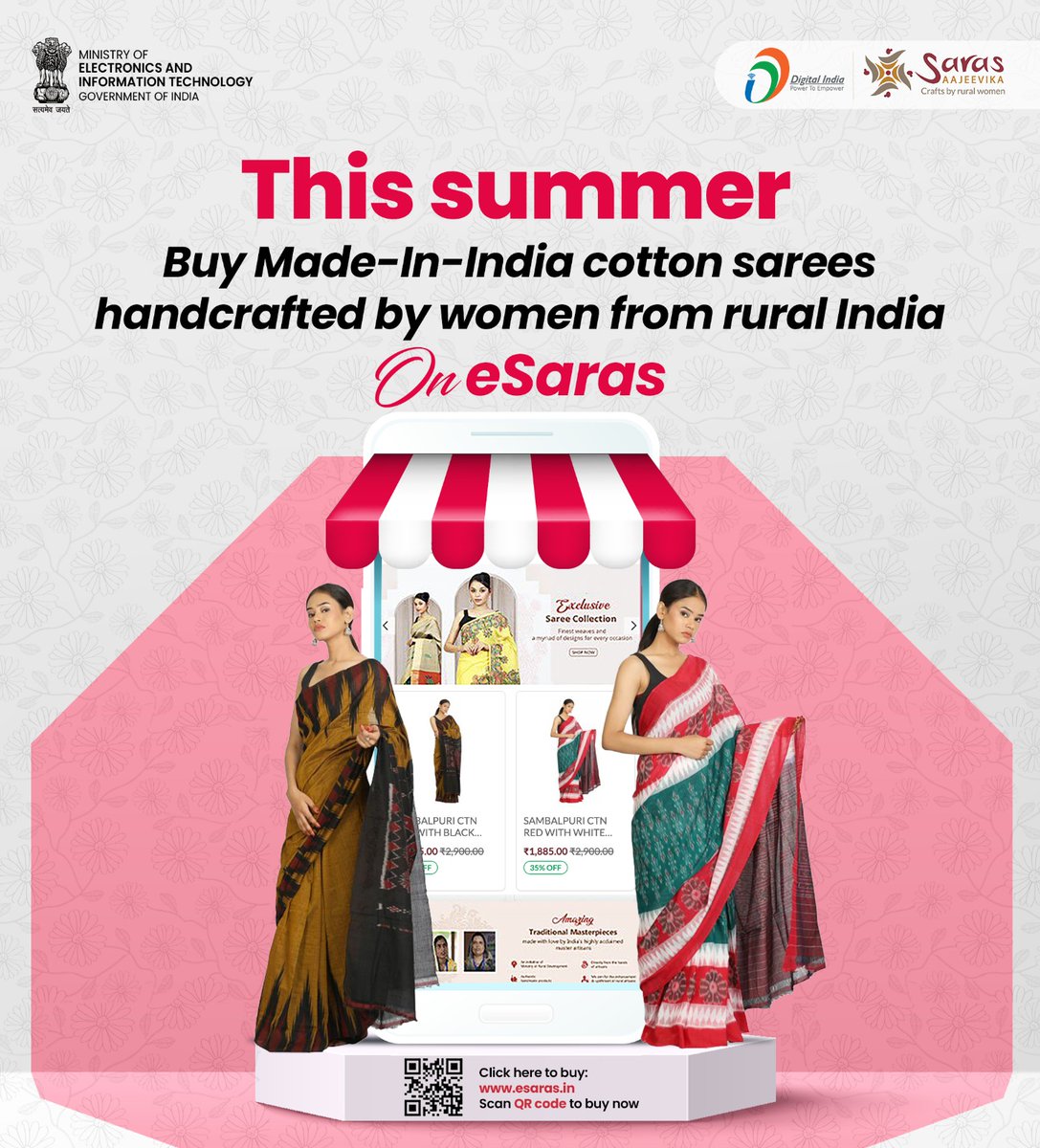 🥻 Shop the finest cotton sarees handcrafted by women from rural India for every occasion from the #eSaras portal (esaras.in). #DigitalIndia #esarasaajeevika @DigitalIndiaCrp @esarasaajeevika
