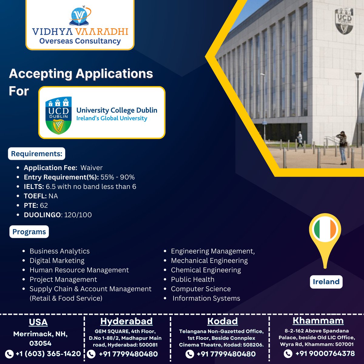 study in Ireland | Applications are currently being accepted for University College Dublin. Begin your journey in Ireland today!

#studyinireland #Irelandeducationconsultants #ucd #universitycollegedublin #ireland #accounting #computerscience #businessanalytics #digitalmarketing