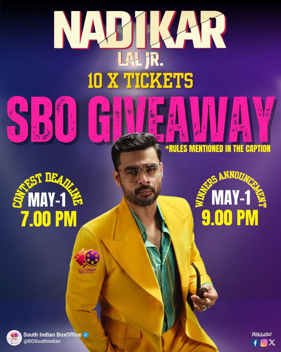 BOSouthIndian's tweet photo. #Nadikar Movie Tickets Giveaway from #SBO

5 Winners Will Get 2 Tickets Each (Demanded Theatre and Show)

Rules to Enter;

1. Follow Us on X @BOSouthIndian 
2. ⁠Quote This Post With Hashtag #SBOGiveAway #NadikarfromMay3
3. ⁠Comment the Name of the Theatre you want to watch the movie With HashTag #Nadikar

Winners Will be Announced on May1 st 9PM

@Truthglobalofcl @ttovino @MythriOfficial #TovinoThomas #SoubinShahir #LalJr