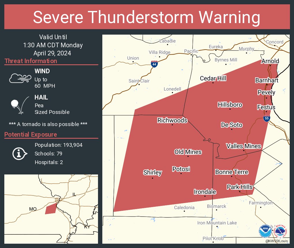 Severe Thunderstorm Warning continues for Arnold MO, Festus MO and Park Hills MO until 1:30 AM CDT