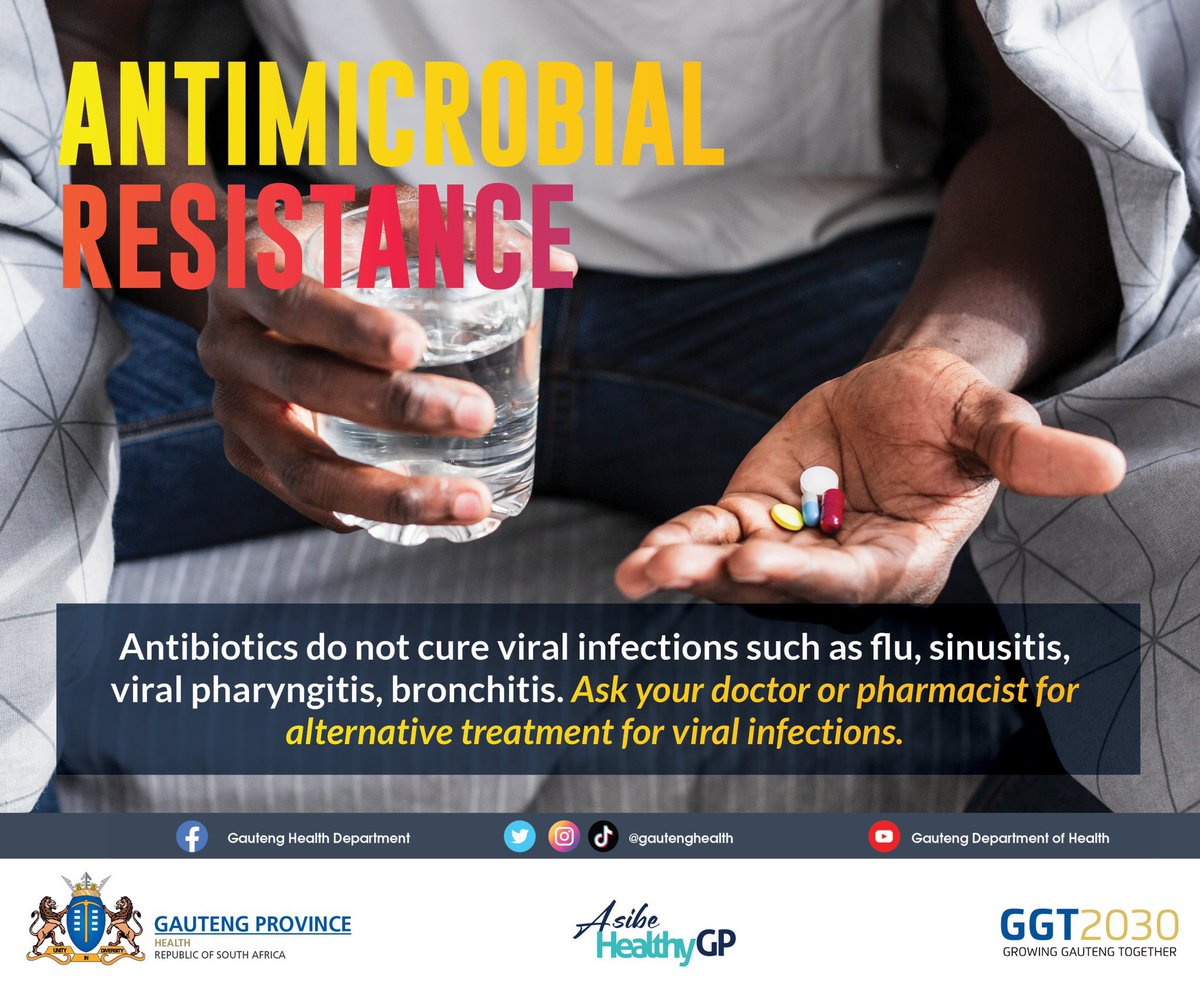 Do your part in curbing antimicrobial resistance by not insisting or agreeing to be prescribed antibiotics when diagnosed with a viral infections. If you’re taking antibiotics to treat bacterial infections, complete your treatment as prescribed #AntimicrobialResistance