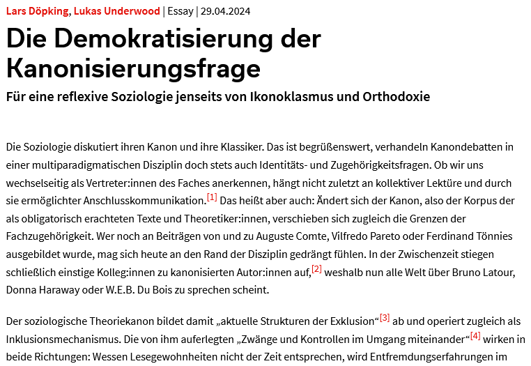 In ihrer Replik auf das Dossier zum soziologischen Kanon plädieren @LarsDoepking und Lukas Underwood für dessen deliberative Gestaltung – und zwar mittels Explikation der Prozesse, die zur Kanonisierung von Theoretiker:innen führen. soziopolis.de/die-demokratis…