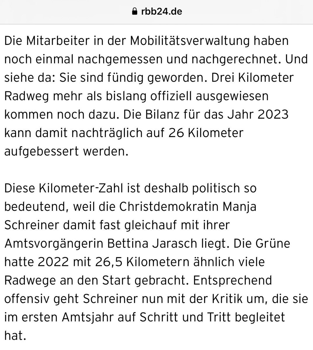 @rbb24 Im Artikel ist nicht zu finden, wie viele km #Radweg in #Berlin zwischen dem 01.01.2023 und dem 26.04.2023 gebaut wurden. Auch ist nichts über die Planung von Radwegen bis dahin zu lesen.

Daher finde ich es schwer, die Zahlen 2022 und 2023 hinsichtlich der Senate zu vergleichen.