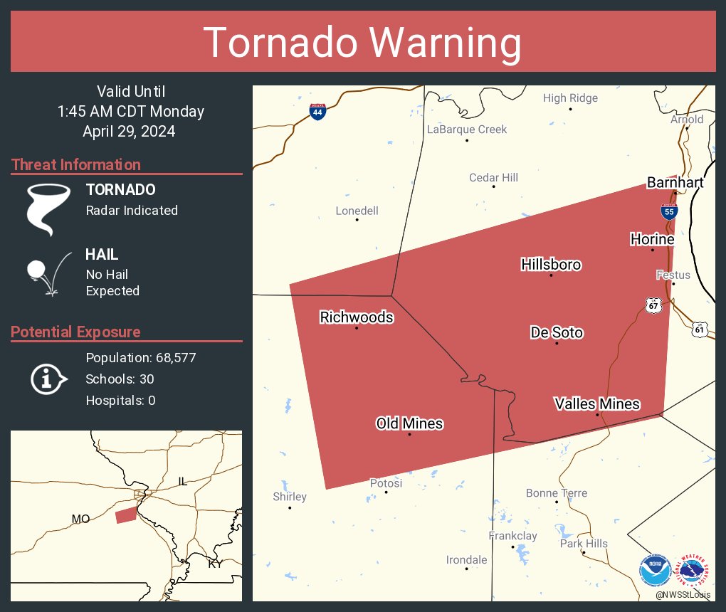 Tornado Warning continues for De Soto MO, Barnhart MO and Hillsboro MO until 1:45 AM CDT