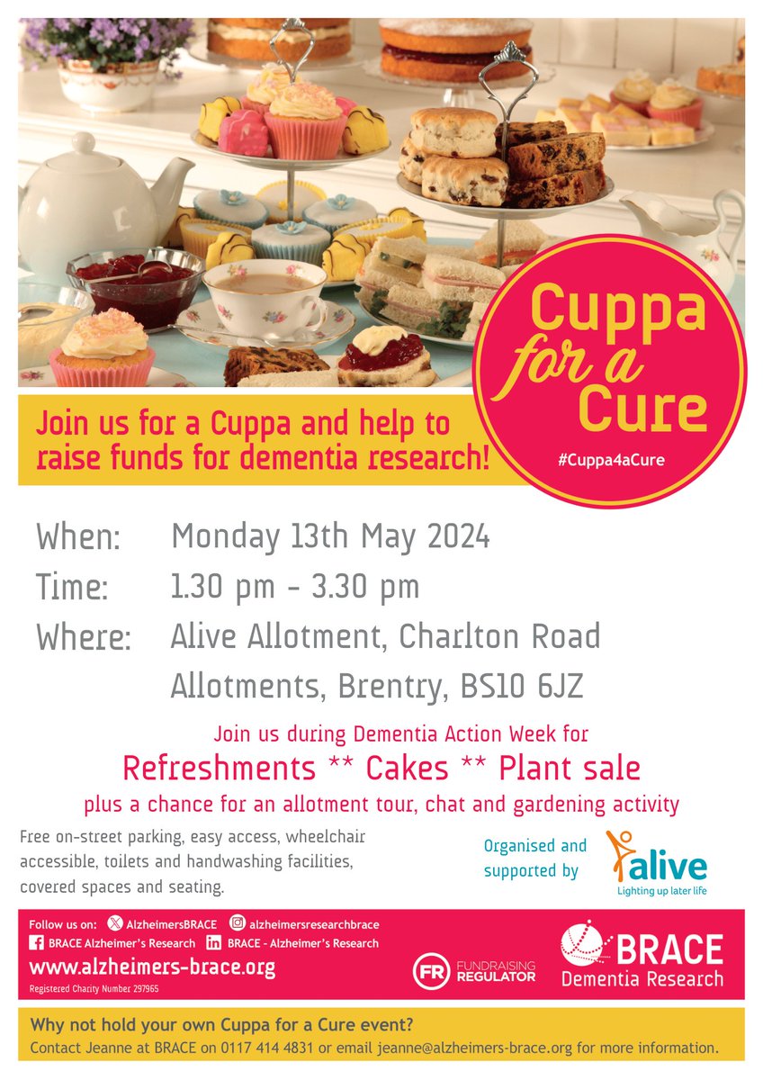 In two weeks' time, during #DementiaActionWeek, we'll once again be partnering with @AlzheimersBRACE to help them raise funds for their vital work. 🧠 Join us at our #Brentry #DementiaFriendlyAllotment for tea, cake and more! 🍰🌱 Spread the word, and we'll see you then! 🗣️
