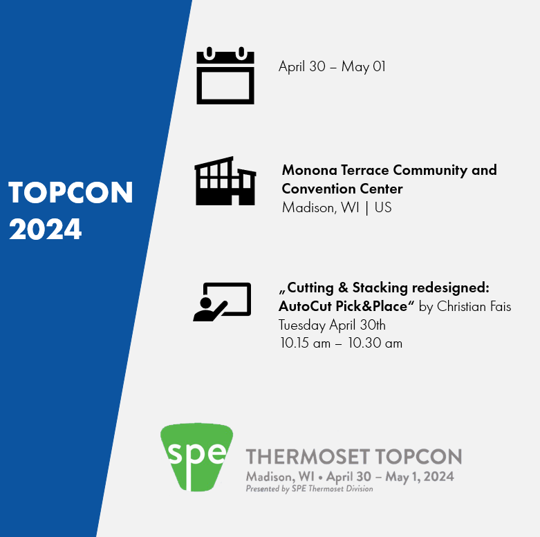 SuHGermany's tweet photo. Meet us at#SPE #ThermosetTopCon and discover our 𝗻𝗲𝘄 𝗔𝘂𝘁𝗼𝗖𝘂𝘁 𝗣𝗶𝗰𝗸&amp;𝗣𝗹𝗮𝗰𝗲 which combines several process steps for cutting &amp; stacking of SMC as well as dry fiber fabrics!
Get more information about the show https://t.co/zKhcdttbca https://t.co/akO9sOffoG