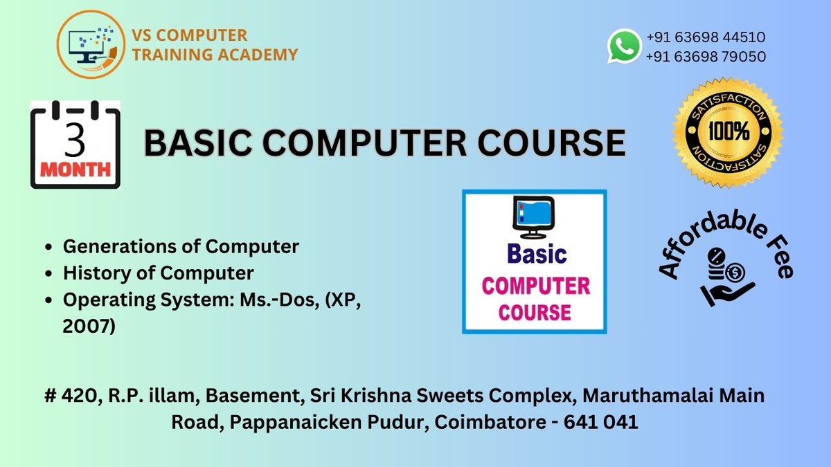 VScomputertring's tweet image. #vstraning[Rs.1500]
#vstraningandcertification
#Basiccomputercourse
#generationsofcomputer
#Historyofcomputer
#Operatingsystem:Ms.-Dos,(XP,2007)
#besttraningcenter
#besttraningcenterincoimbatore
#computertraningforschoolstudents
#pnpudur
#cbe
#coimbatore