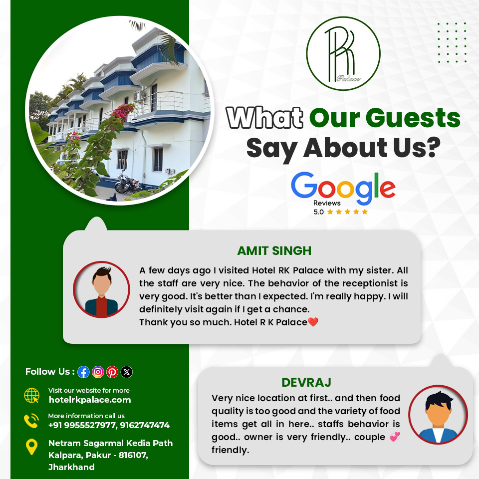 See why guests love us! From great service to memorable stays, find out what makes us special.

𝐁𝐨𝐨𝐤𝐢𝐧𝐠 𝐈𝐧𝐟𝐨
📞9162747474
📞9955527977

#GuestReviews #FamilyGetaway #HotelRkPalace #RelaxationStation