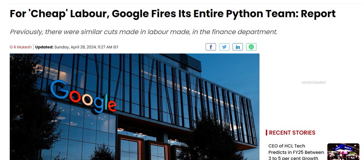 Google doesn't let people go because they don't like Python. It's about hiring 'cheaper workers'. It's not about Python skills, it's about saving money. #Python #Google