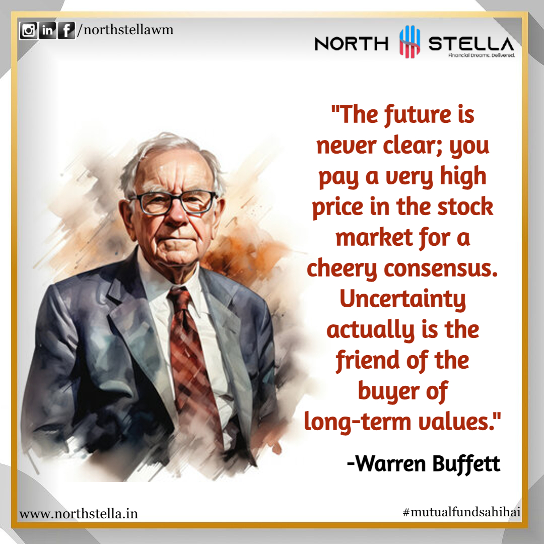 'The future is never clear; you pay a very high price in the stock market for a cheery consensus. Uncertainty actually is the friend of the buyer of long-term values.'

#investment #investing #warrenbuffet #equitymarket #debtmarket #sharemarket #stockmarketindia #quoteoftheday