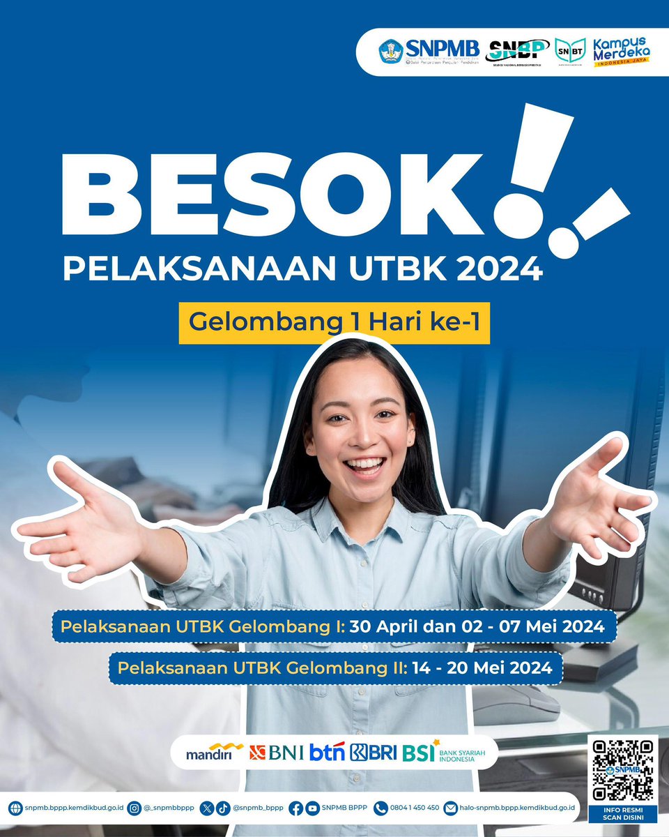 1 HARI MENUJU PELAKSANAAN UTBK 2024 GELOMBANG I HARI KE- 1 Halo Calon Mahasiswa Indonesia! Pelaksanaan UTBK Gelombang I akan segera dimulai esok hari. Cek kembali lokasi pusat UTBK, gelombang, hari, sesi dan seluruh persiapan lainnya untuk memantabkan diri.