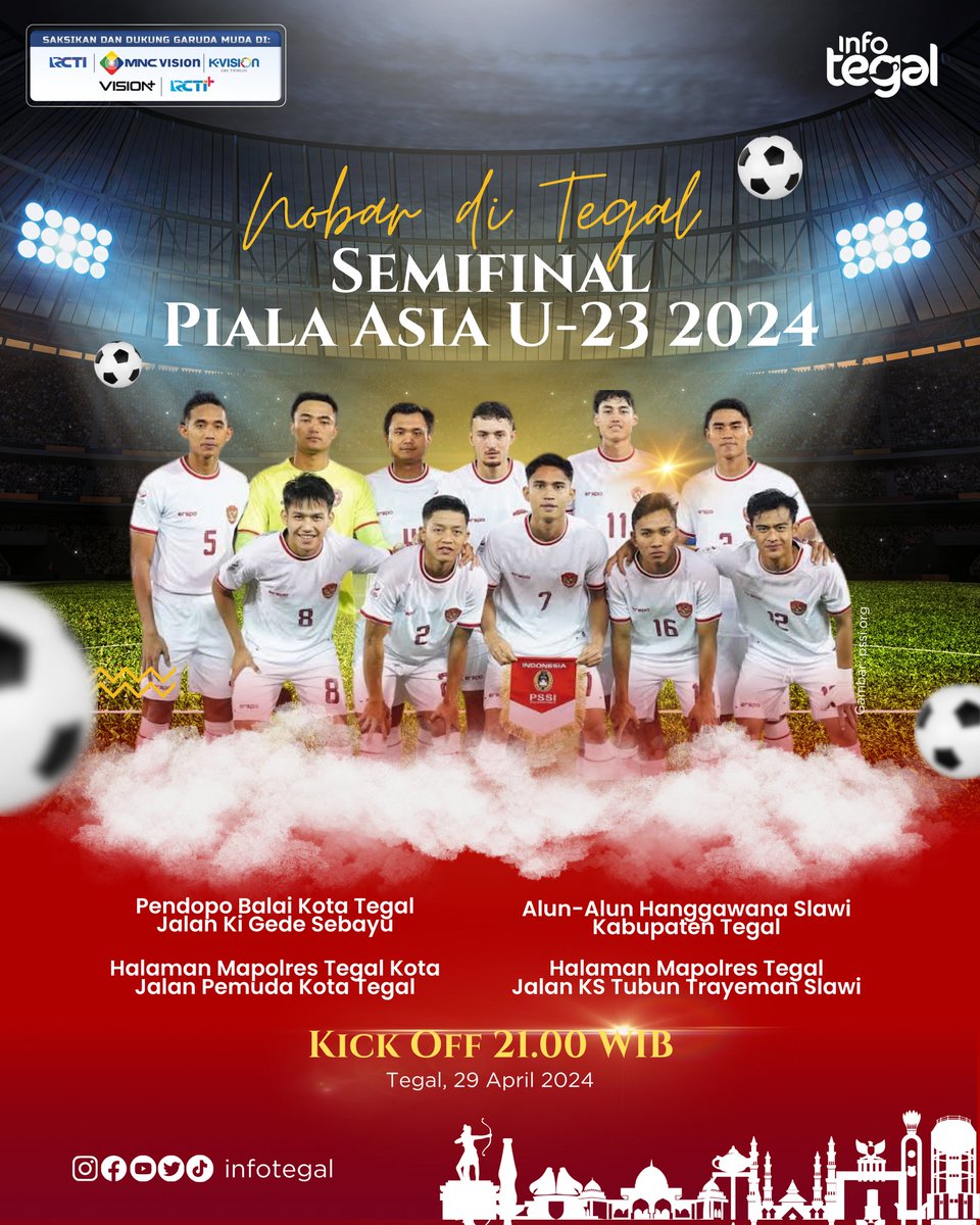 Malam ini (29/4) siap dukung Pasukan Garuda Muda berlaga di Semifinal Piala Asia U-23 tahun 2024? Ada beberapa rekomendasi tempat nonton bareng (nobar) gratis di Kota dan Kabupaten Tegal biar vibesnya lebih kerasa, nih. Kalau ada info tempat nobar gratis lainnya, bisa share ya