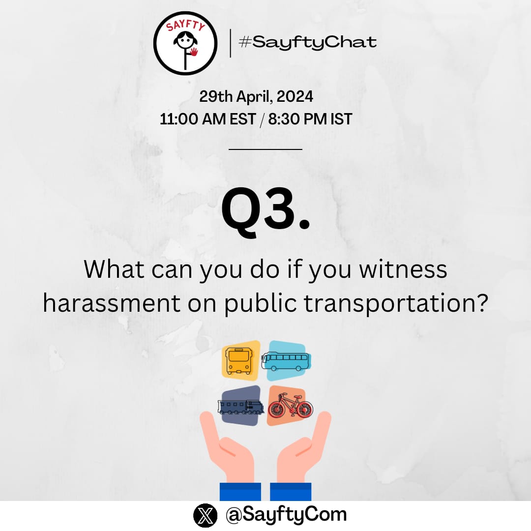 Q3. What can you do if you witness harassment on public transportation?

<a href="/TheSafecityApp/">Red Dot Foundation - Safecity</a> 
#SayftyChat